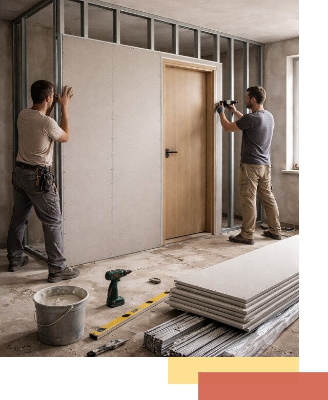 Перегородка из гипсокартона с дверью под ключ в Уссурийске