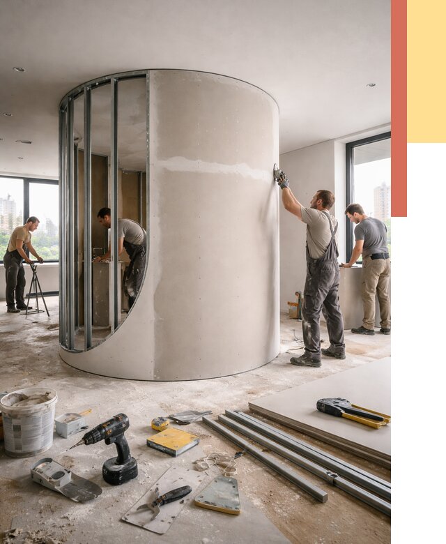 Радиусная перегородка из гипсокартона в Уссурийске от 2990 руб. под ключ | ОТДЕЛОЧНИК-Сср