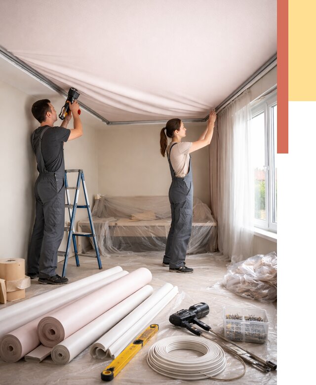 Монтаж цветного натяжного потолка в Уссурийске от 4330 руб/м² — быстро и недорого | ОТДЕЛОЧНИК-Сср