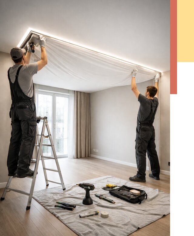 Монтаж парящего натяжного потолка в Уссурийске от 4640 руб. быстро и недорого | ОТДЕЛОЧНИК-Сср