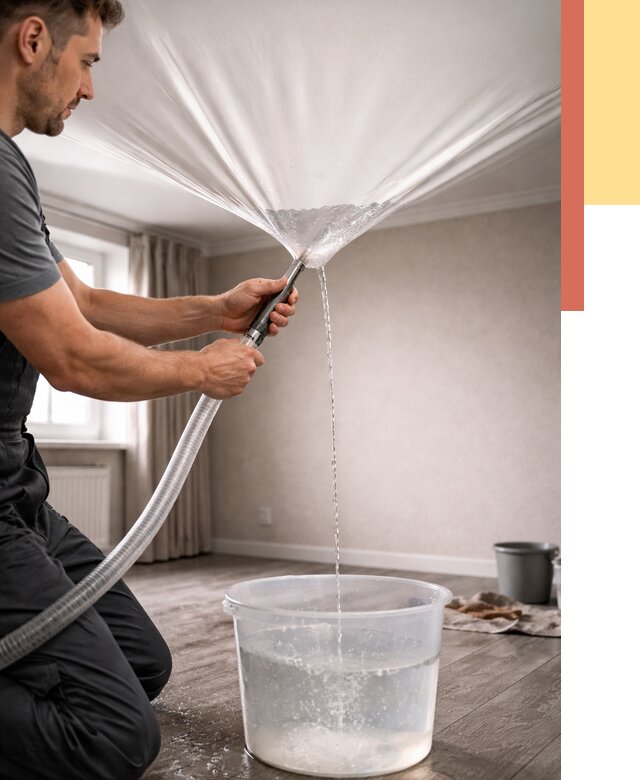 Слив воды с натяжного потолка в Уссурийске от 2578 руб. быстро и недорого | ОТДЕЛОЧНИК-Сср