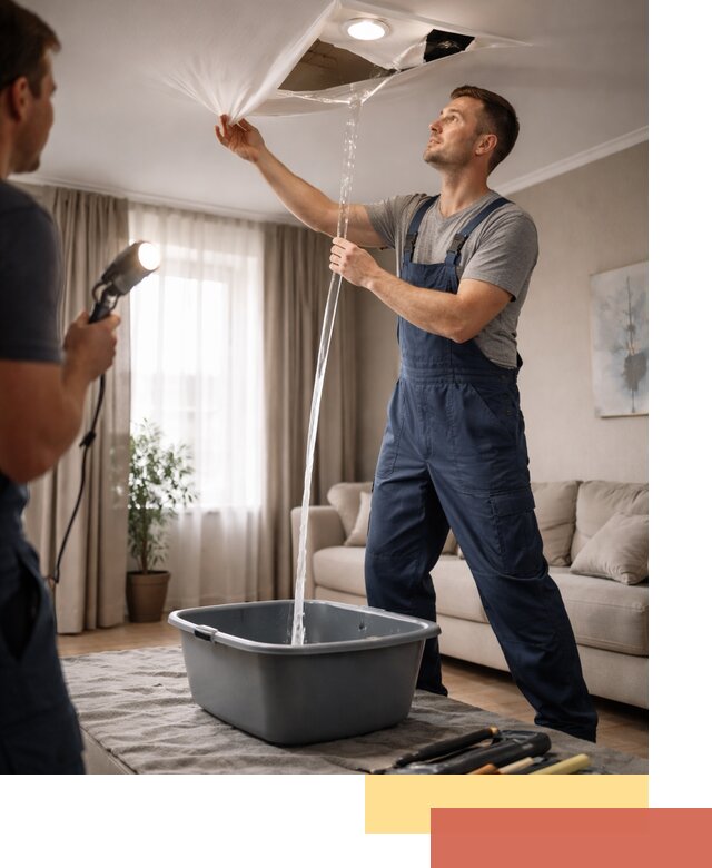 Слив воды с натяжного потолка в Уссурийске быстро и аккуратно