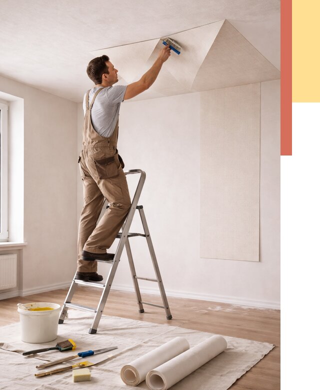 Поклейка обоев на потолок в Уссурийске от 4640 руб. быстро и недорого | ОТДЕЛОЧНИК-Сср